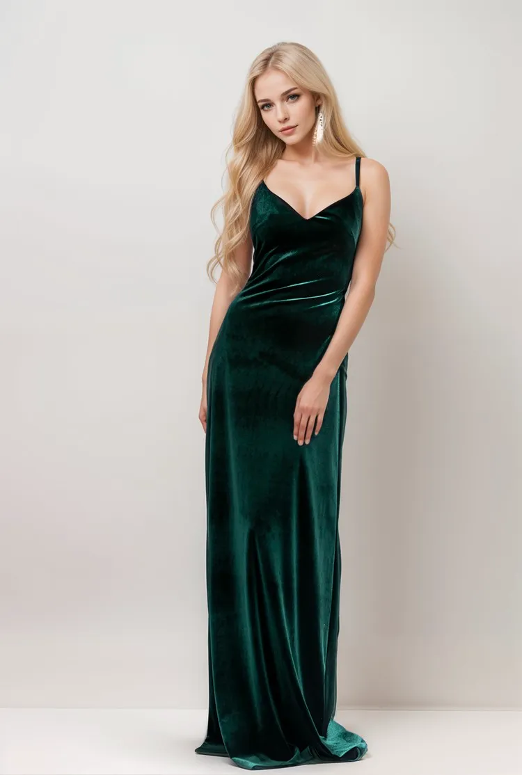 Long Velvet Fit-and-Flare Dress with Spaghetti Straps and Crisscross Back