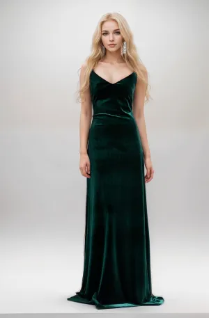 Long Velvet Fit-and-Flare Dress with Spaghetti Straps and Crisscross Back