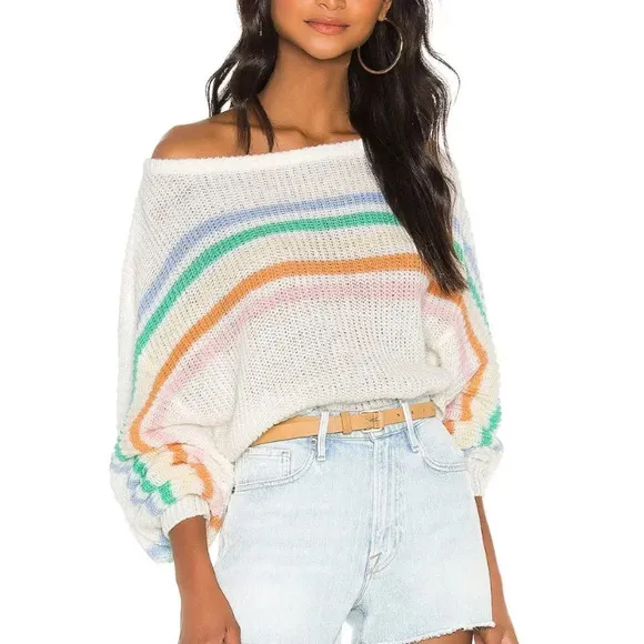 Lovers   Friends Rainbow Arc Sweater Off The Shoulder Slouchy Stripes Knit