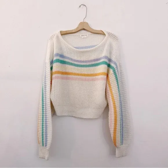Lovers   Friends Rainbow Arc Sweater Off The Shoulder Slouchy Stripes Knit