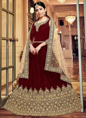 Maroon And Golden Embroidered Velvet Anarkali Suit