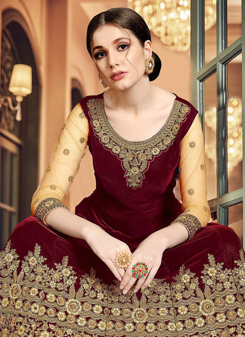 Maroon And Golden Embroidered Velvet Anarkali Suit
