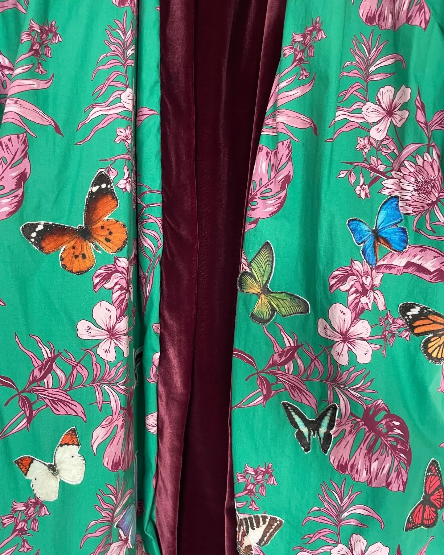 Maroon Velvet Caftan with Butterfly Artwork