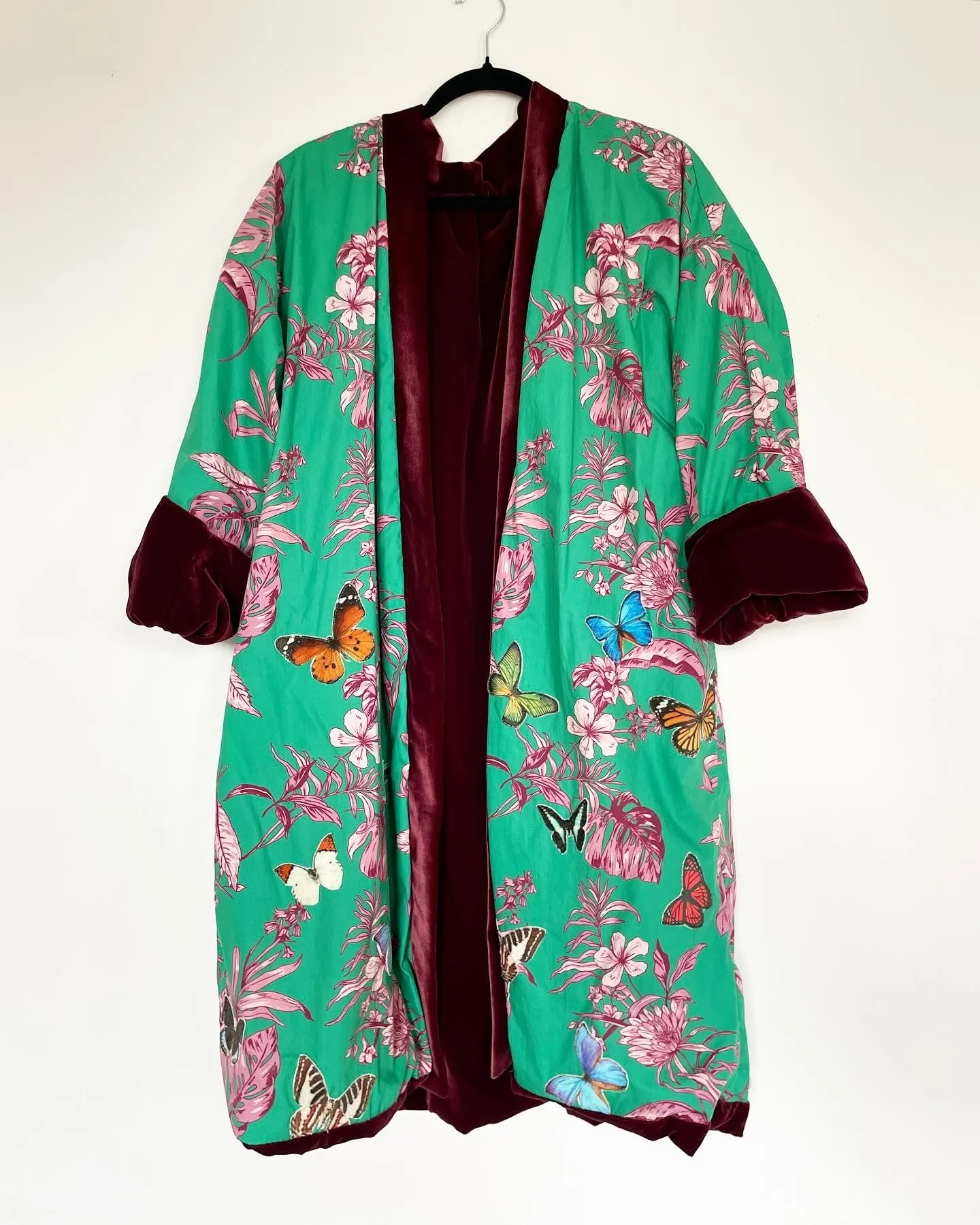 Maroon Velvet Caftan with Butterfly Artwork