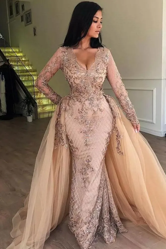 Mermaid V-neck Long Sleevess Appliques Prom Dresses with Detachable Skirt