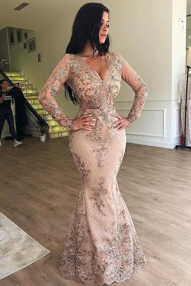 Mermaid V-neck Long Sleevess Appliques Prom Dresses with Detachable Skirt