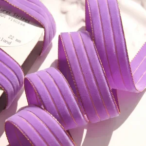 Metallic Gold Lavender Striped Velvet Ribbon Vintage from Switzerland 22mm