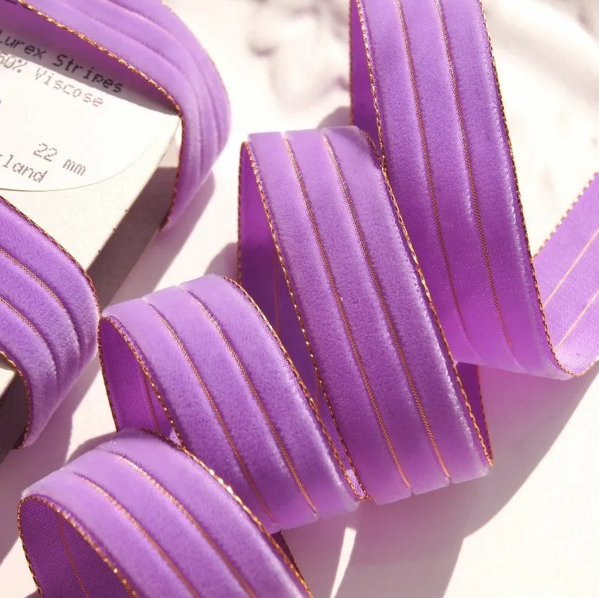 Metallic Gold Lavender Striped Velvet Ribbon Vintage from Switzerland 22mm