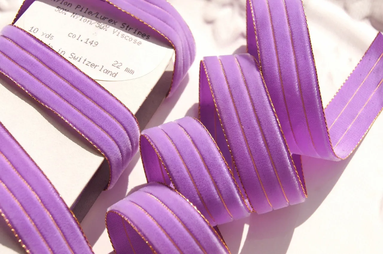 Metallic Gold Lavender Striped Velvet Ribbon Vintage from Switzerland 22mm