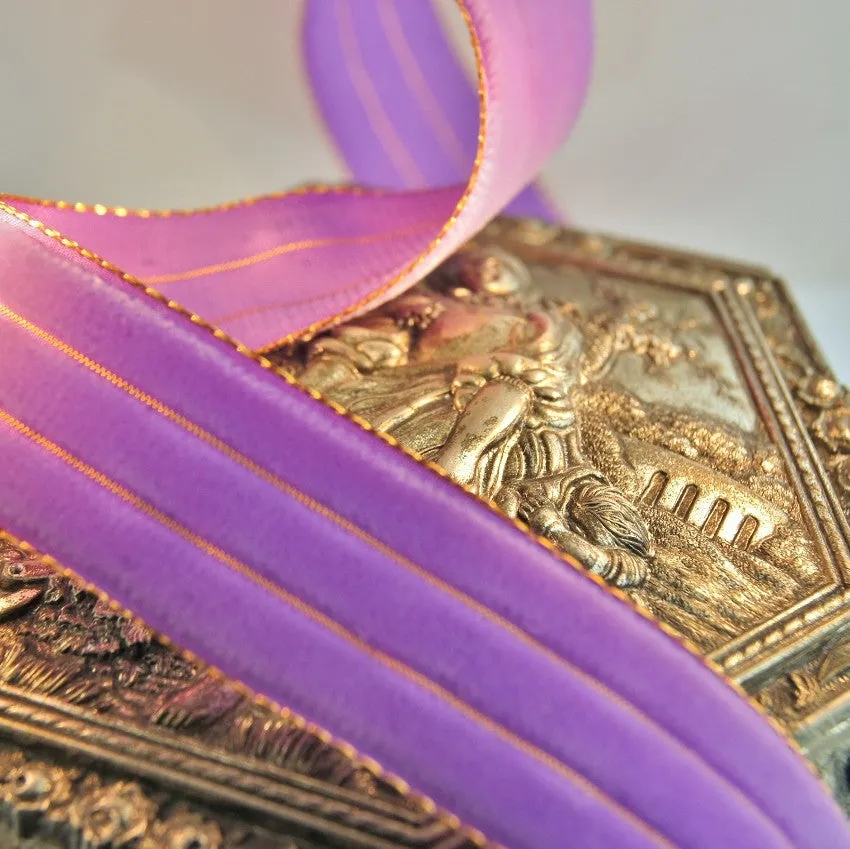 Metallic Gold Lavender Striped Velvet Ribbon Vintage from Switzerland 22mm