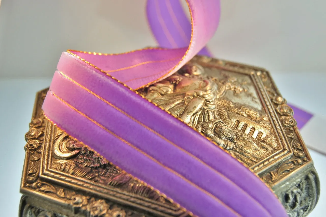 Metallic Gold Lavender Striped Velvet Ribbon Vintage from Switzerland 22mm