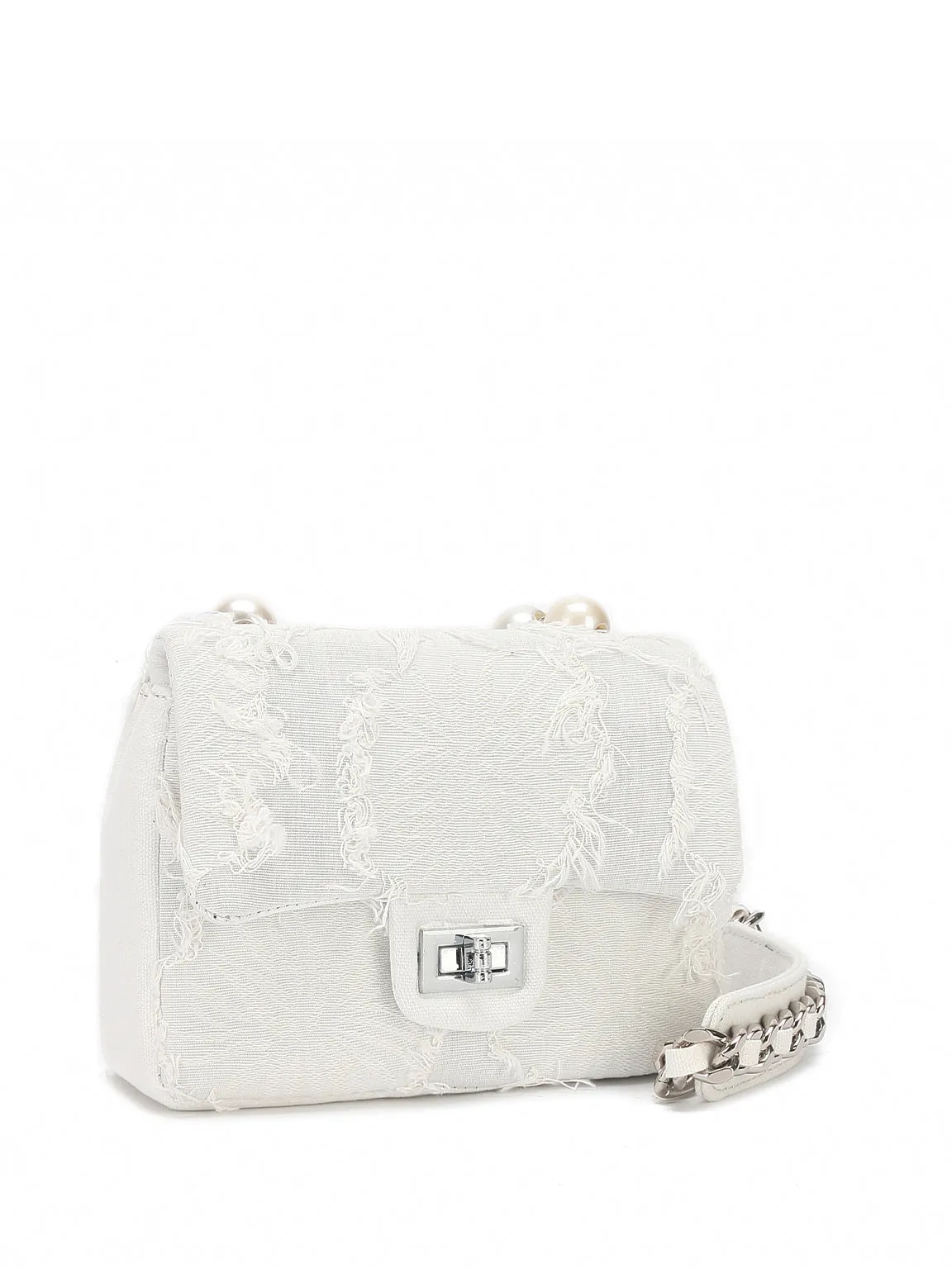 Mini Emotional Denim Shoulder Bag Flap Top Pearls&Silver Chain Square Handbag