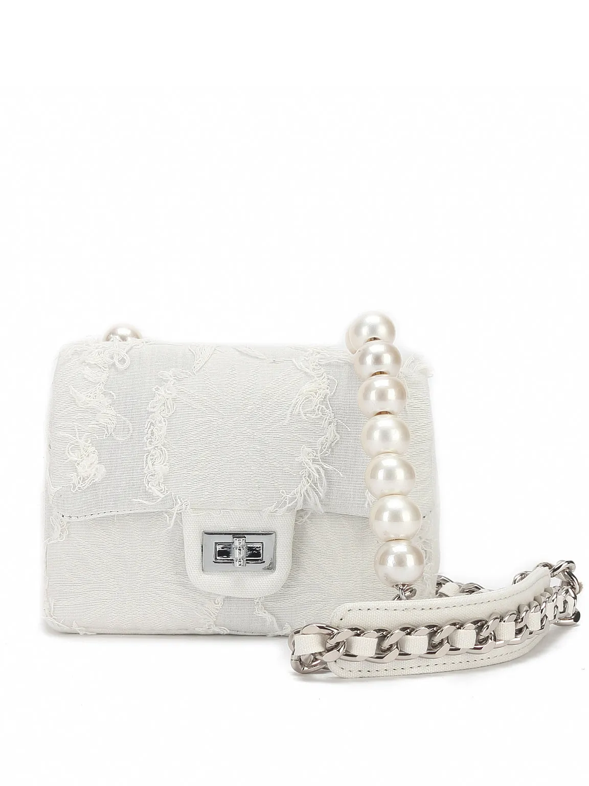 Mini Emotional Denim Shoulder Bag Flap Top Pearls&Silver Chain Square Handbag
