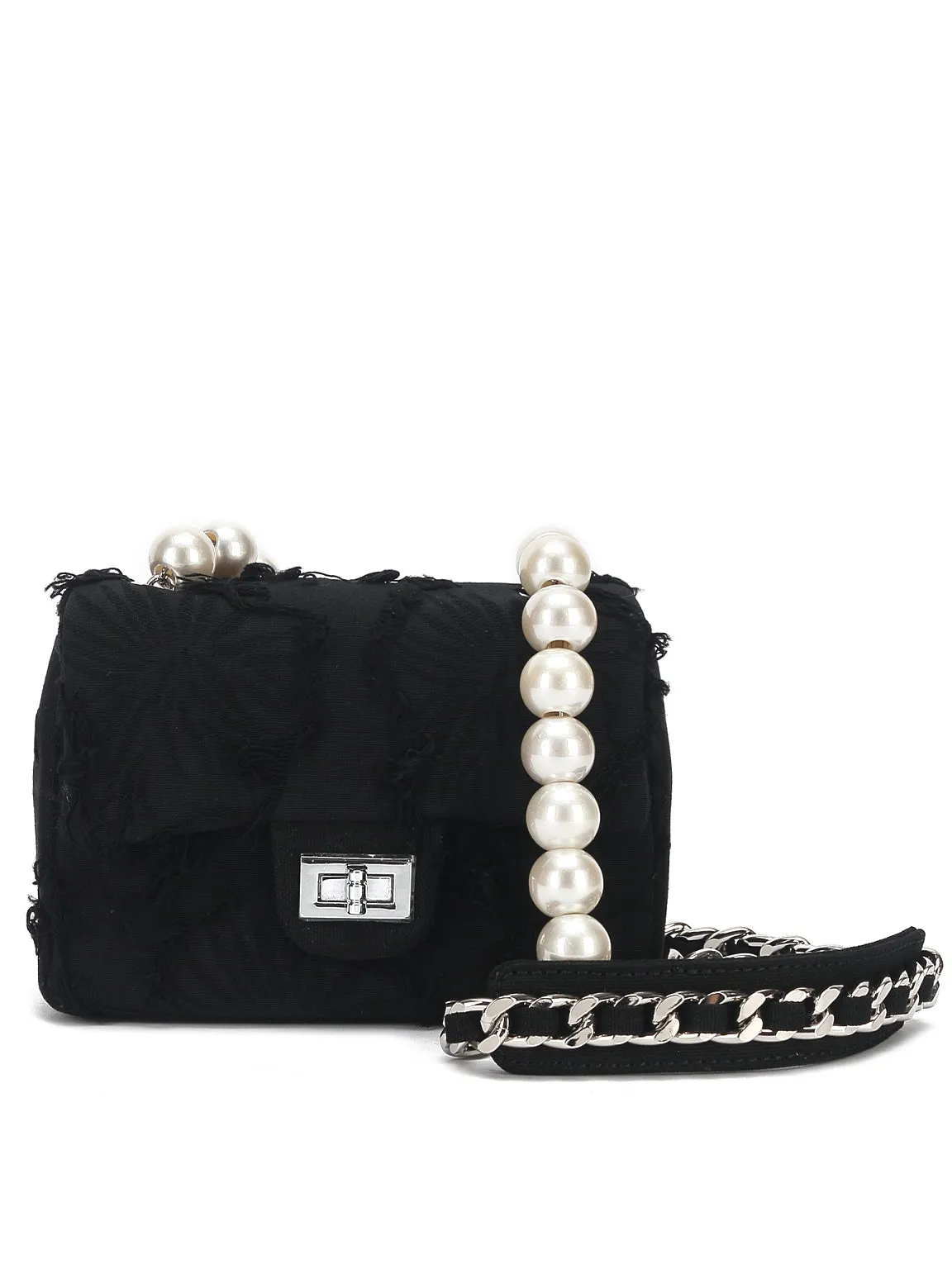 Mini Emotional Denim Shoulder Bag Flap Top Pearls&Silver Chain Square Handbag
