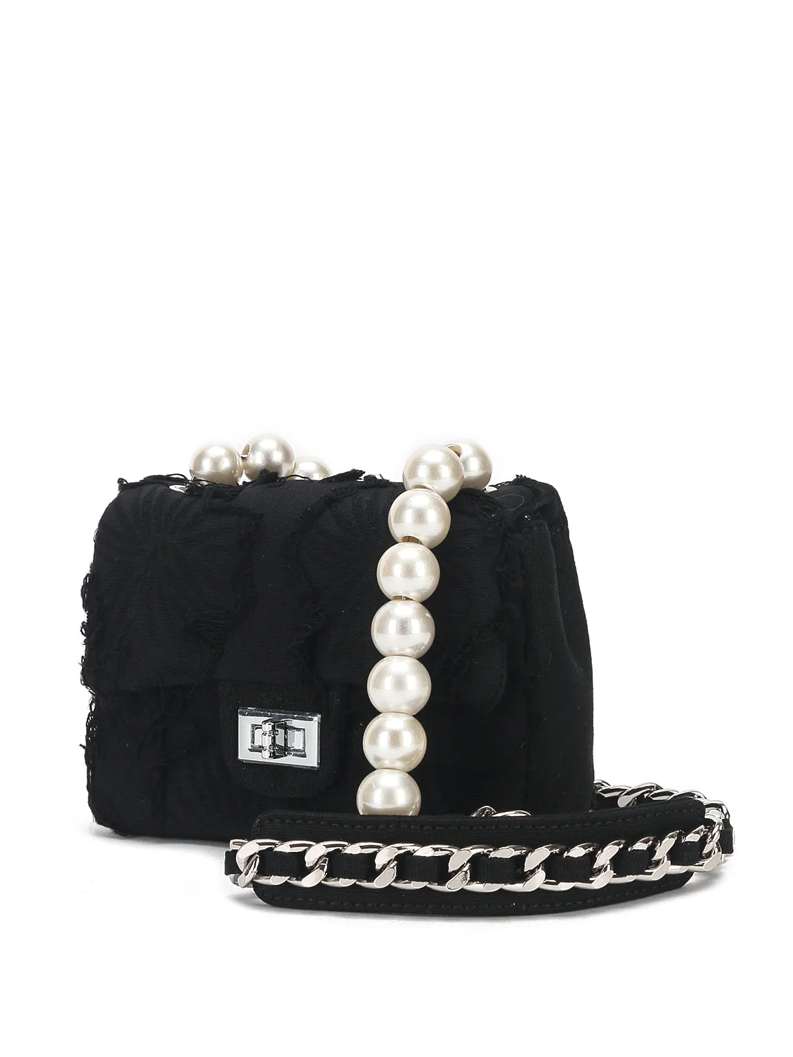 Mini Emotional Denim Shoulder Bag Flap Top Pearls&Silver Chain Square Handbag