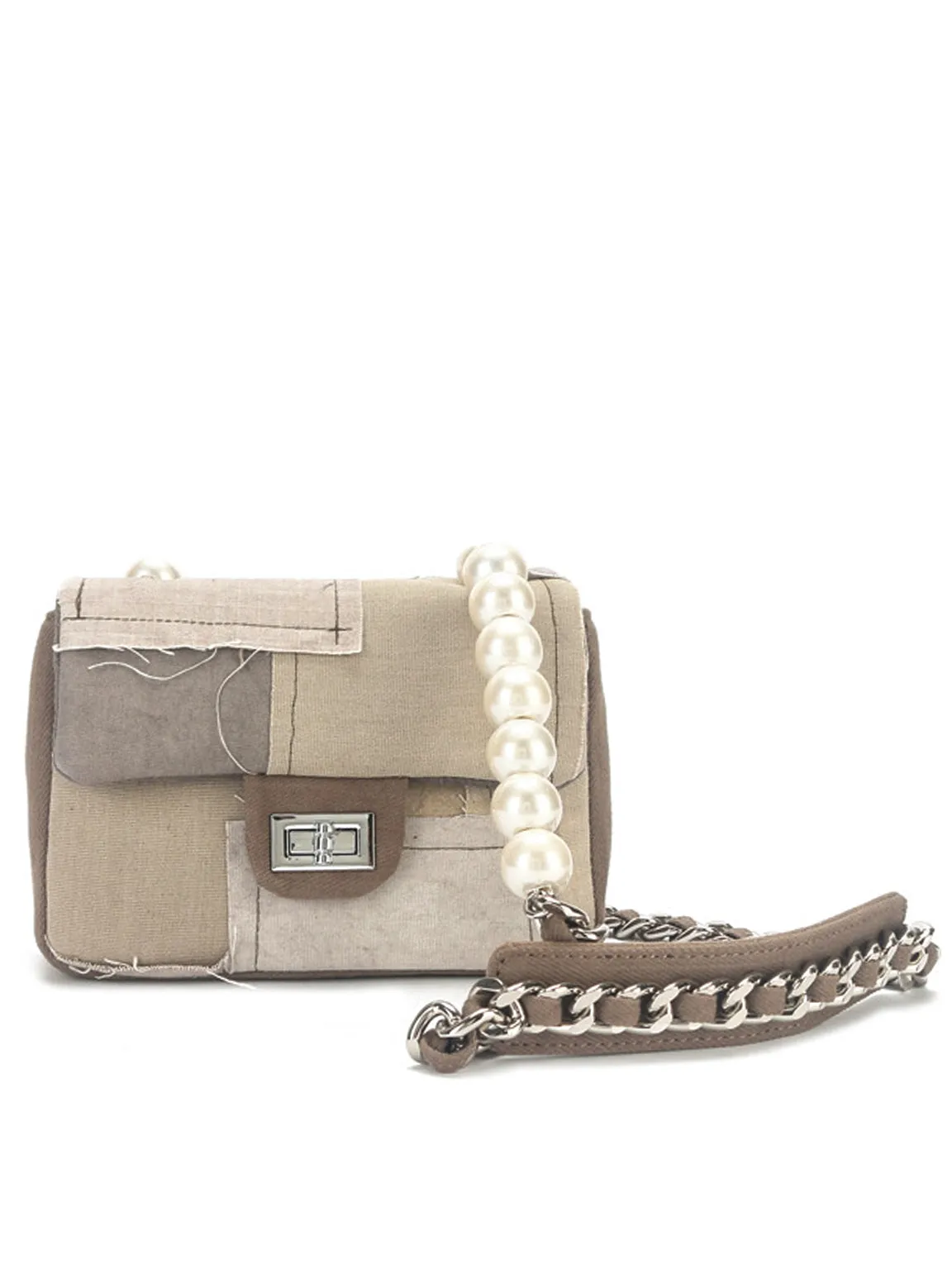 Mini Emotional Denim Shoulder Bag Flap Top Pearls&Silver Chain Square Handbag