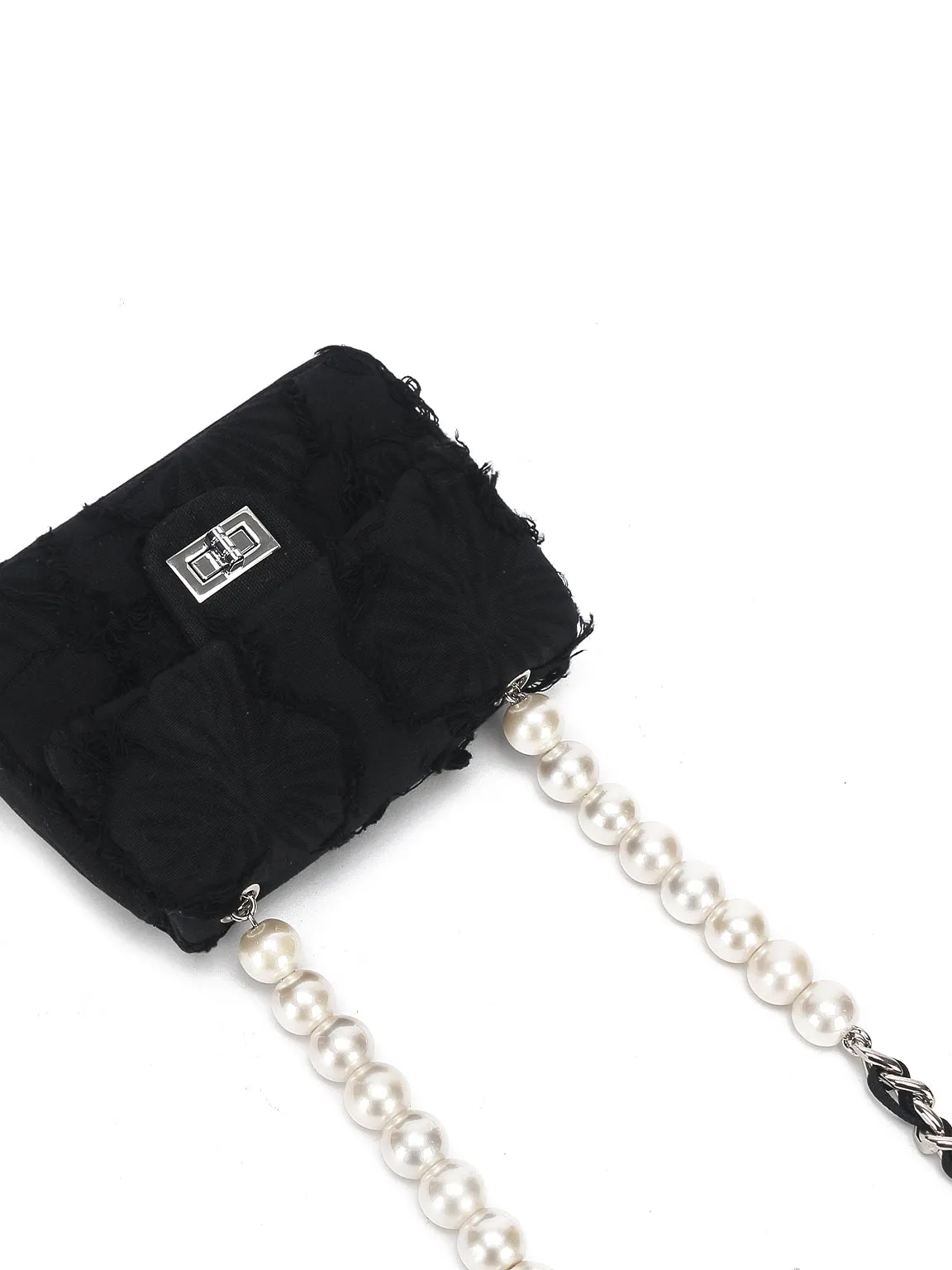 Mini Emotional Denim Shoulder Bag Flap Top Pearls&Silver Chain Square Handbag