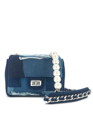 Mini Emotional Denim Shoulder Bag Flap Top Pearls&Silver Chain Square Handbag