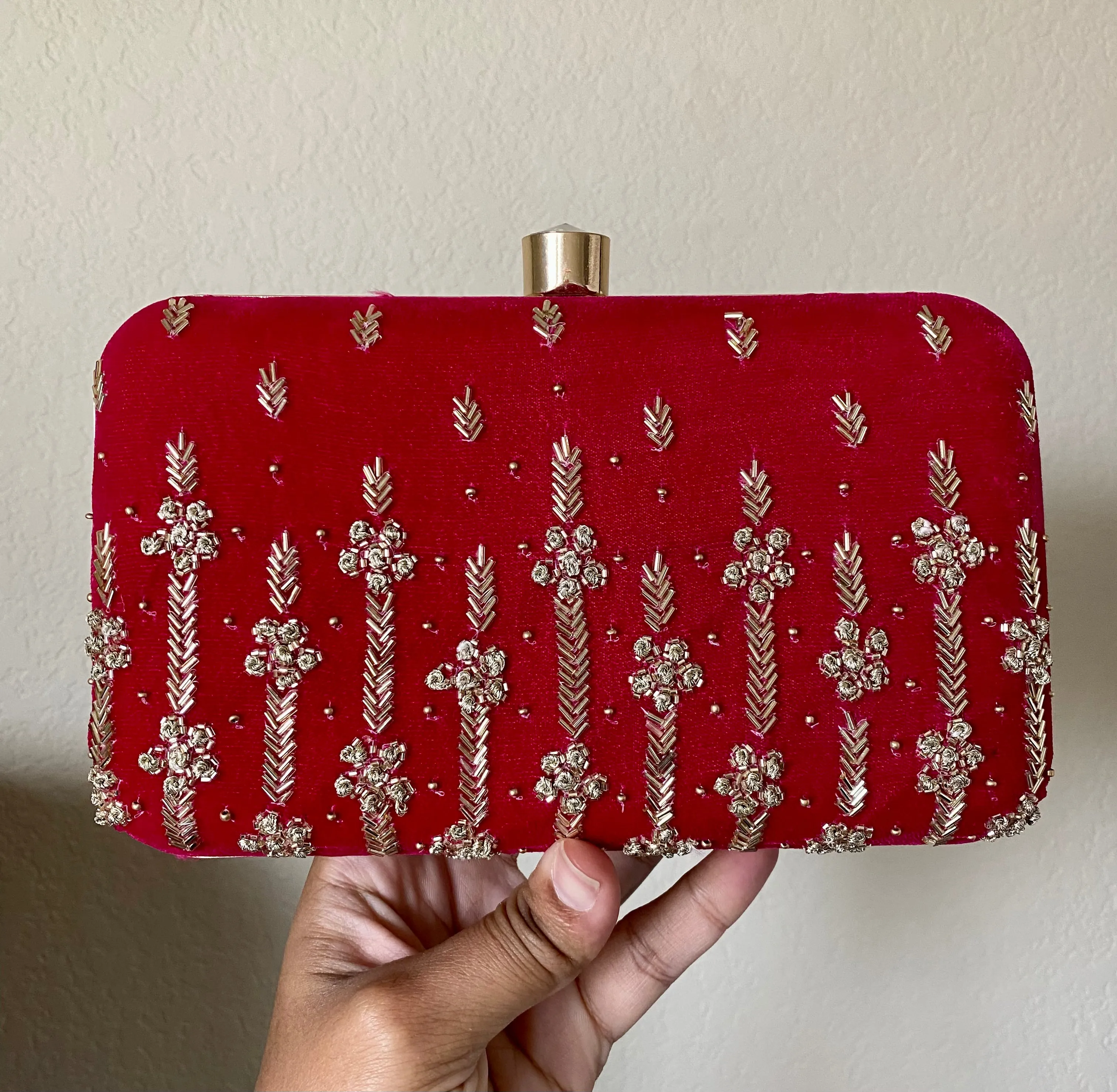 Mounishree Hot Pink Velvet Hand Embroidery Clutch