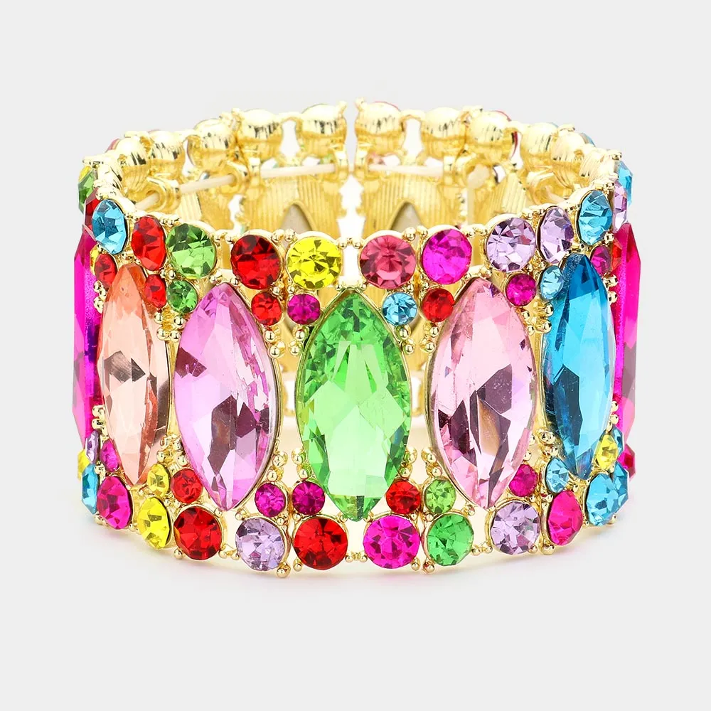 Multi Color Large Marquise Stoned Stretch Pageant Bracelet | Prom Jewelry | 515251