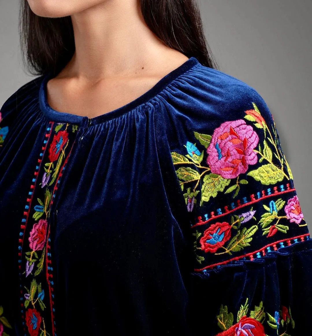 Navy blue velvet embroidered dress
