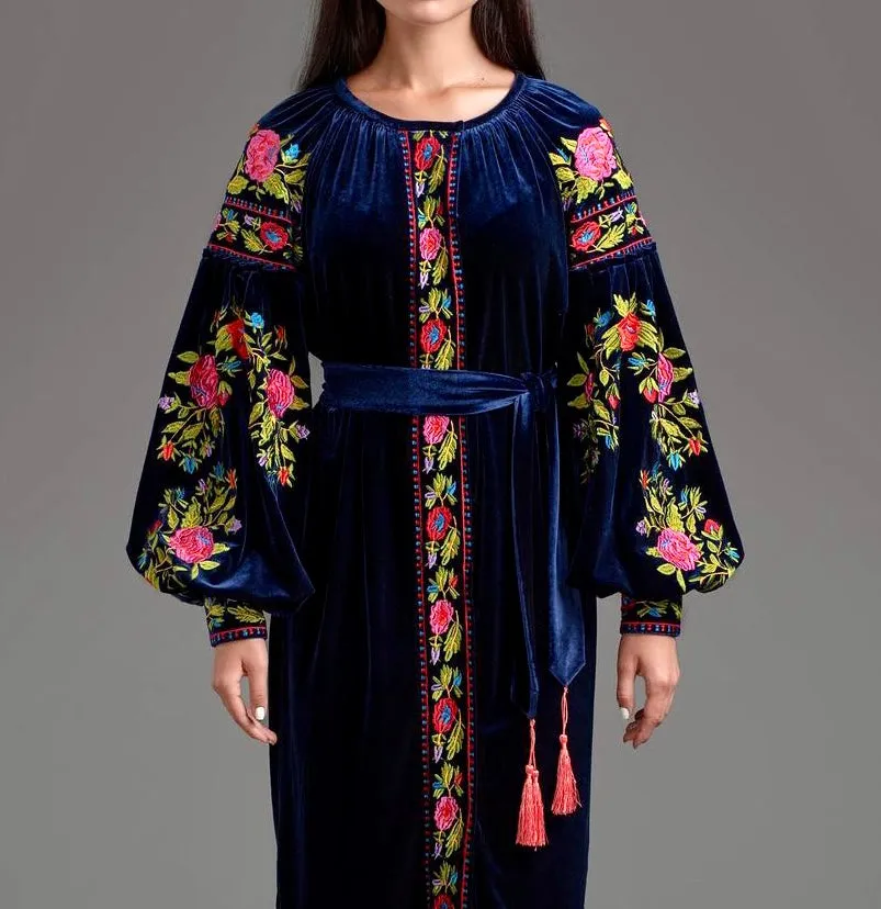 Navy blue velvet embroidered dress