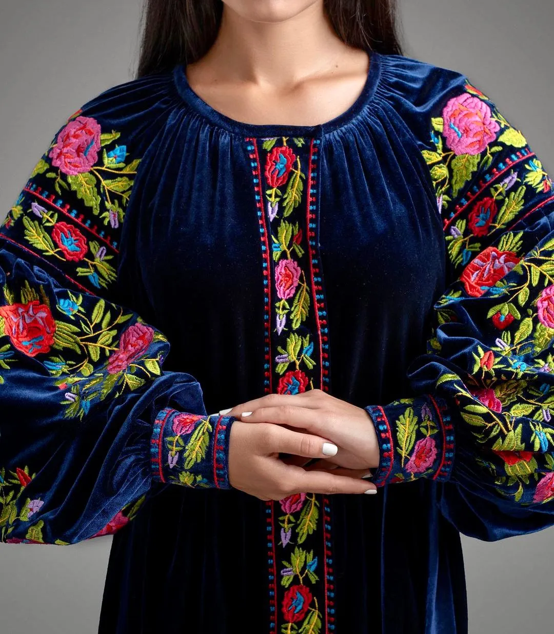 Navy blue velvet embroidered dress