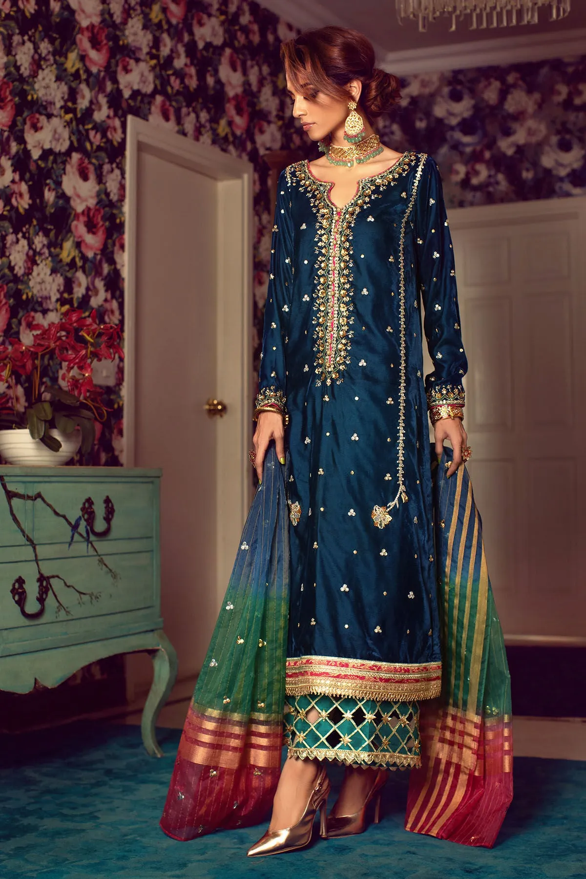 Navy Blue Velvet Pakistani Dress in Capri Kameez #PN570