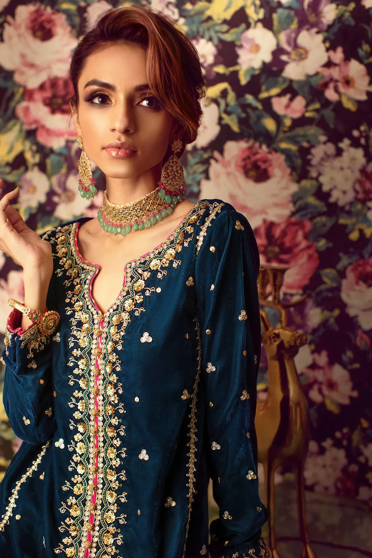 Navy Blue Velvet Pakistani Dress in Capri Kameez #PN570