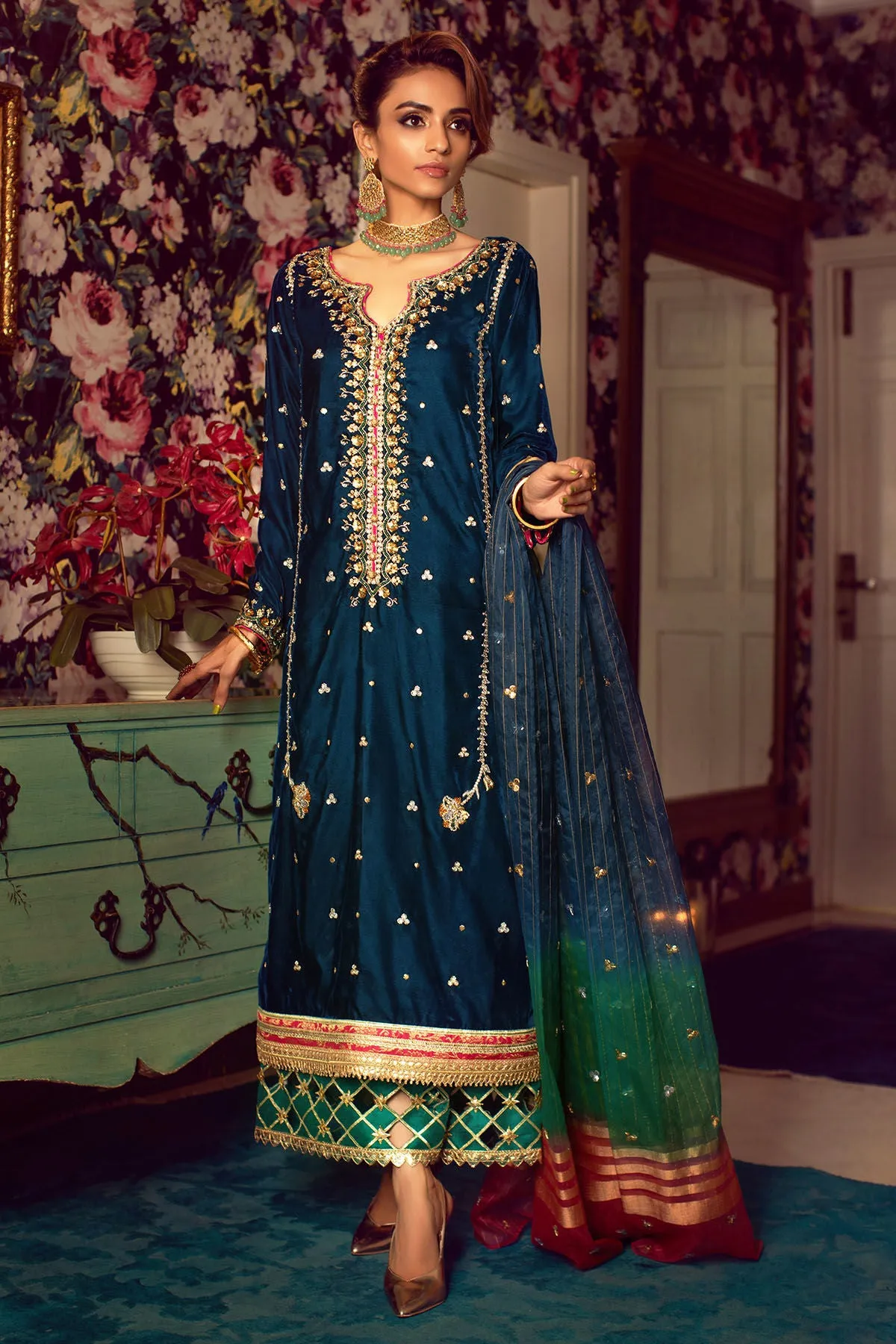 Navy Blue Velvet Pakistani Dress in Capri Kameez #PN570