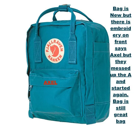 New FJALLRAVEN Kanken Mini Backpack- Glacier Green! Bag is New but has Embroidery on Front says Axel, they messed up the A and started again! Still Great Bag! Retails $85 
