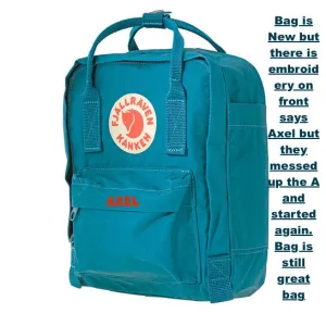 New FJALLRAVEN Kanken Mini Backpack- Glacier Green! Bag is New but has Embroidery on Front says Axel, they messed up the A and started again! Still Great Bag! Retails $85 