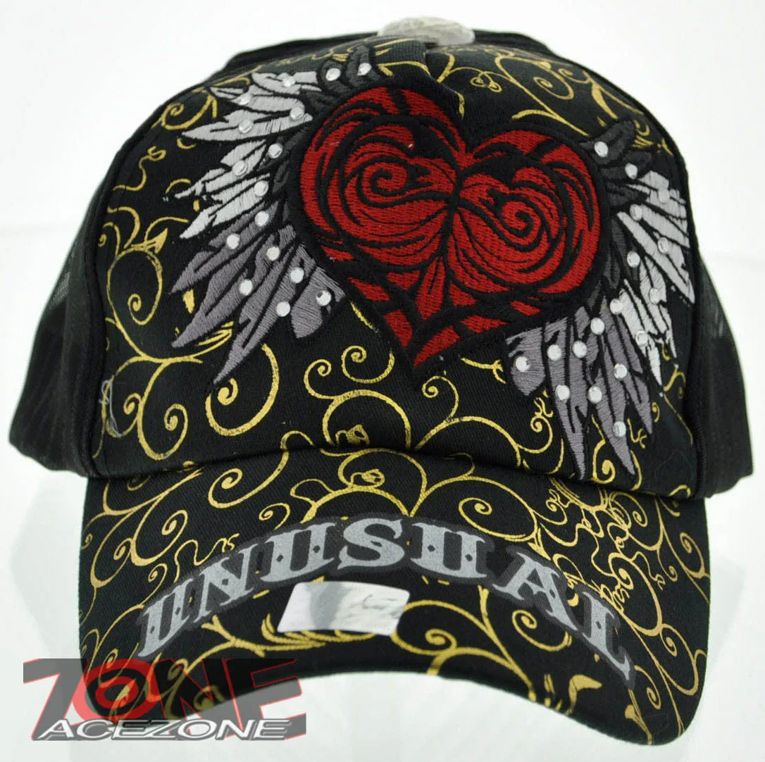 NEW! MESH HOWD RED HEART WING STONE BALL CAP HAT BLACK GOLD