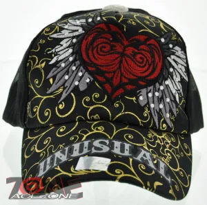 NEW! MESH HOWD RED HEART WING STONE BALL CAP HAT BLACK GOLD