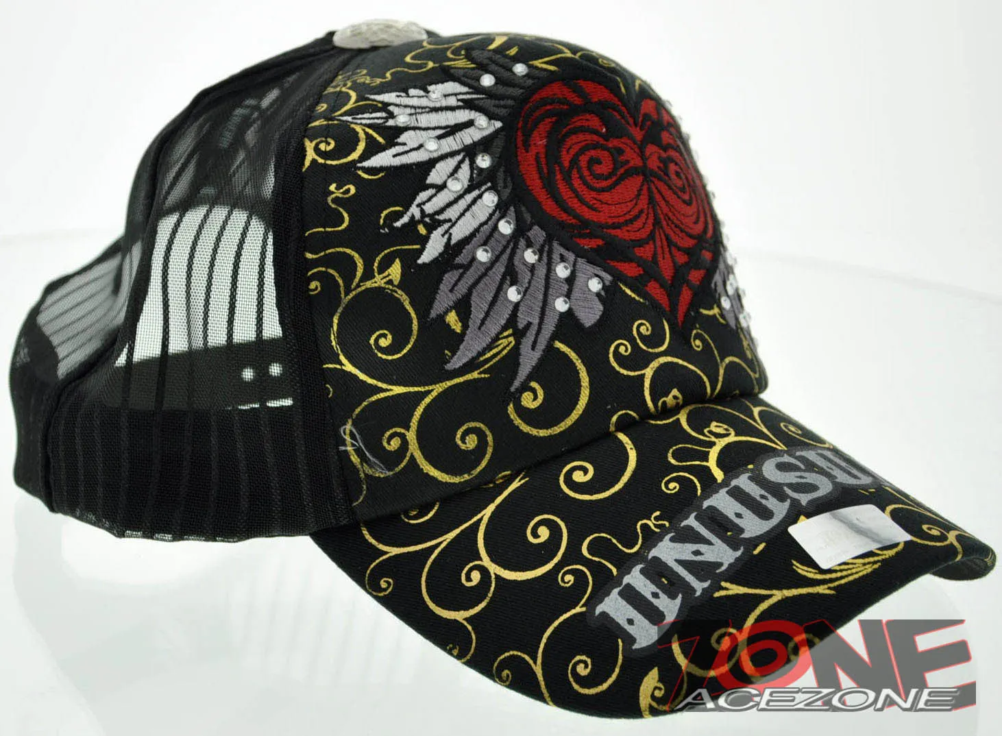 NEW! MESH HOWD RED HEART WING STONE BALL CAP HAT BLACK GOLD