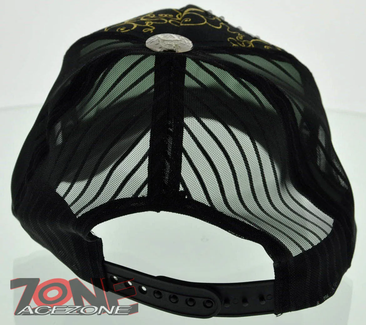NEW! MESH HOWD RED HEART WING STONE BALL CAP HAT BLACK GOLD