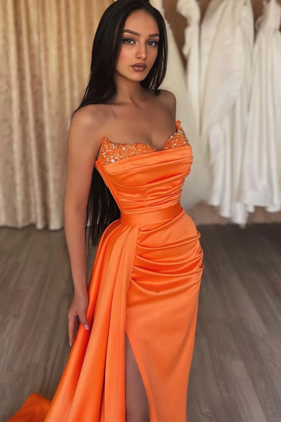 Orange Sweetheart Mermaid Prom Dress Long Split With Sequins
