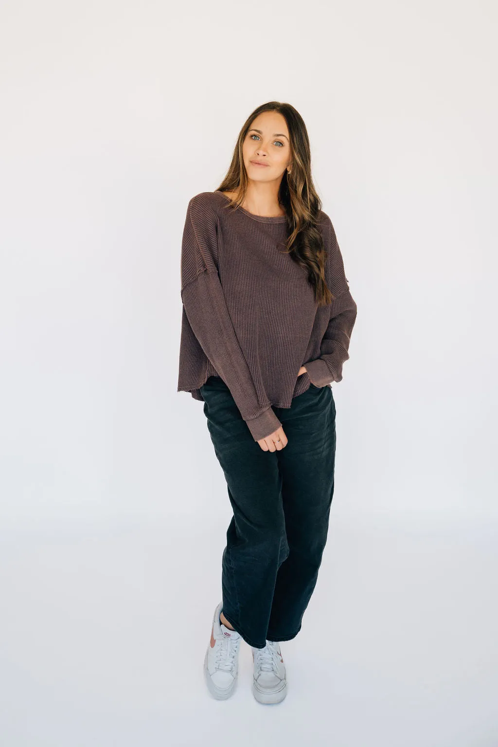 Oversized Waffle Round Hem Long Sleeve - Plum