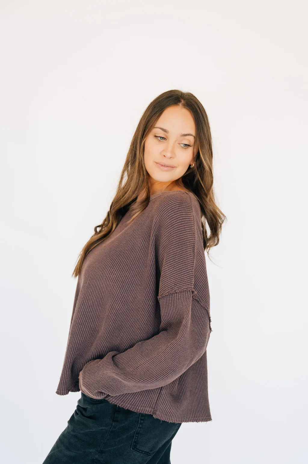 Oversized Waffle Round Hem Long Sleeve - Plum