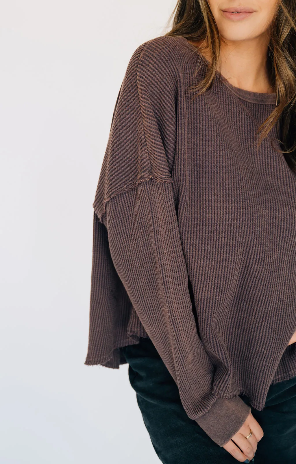 Oversized Waffle Round Hem Long Sleeve - Plum
