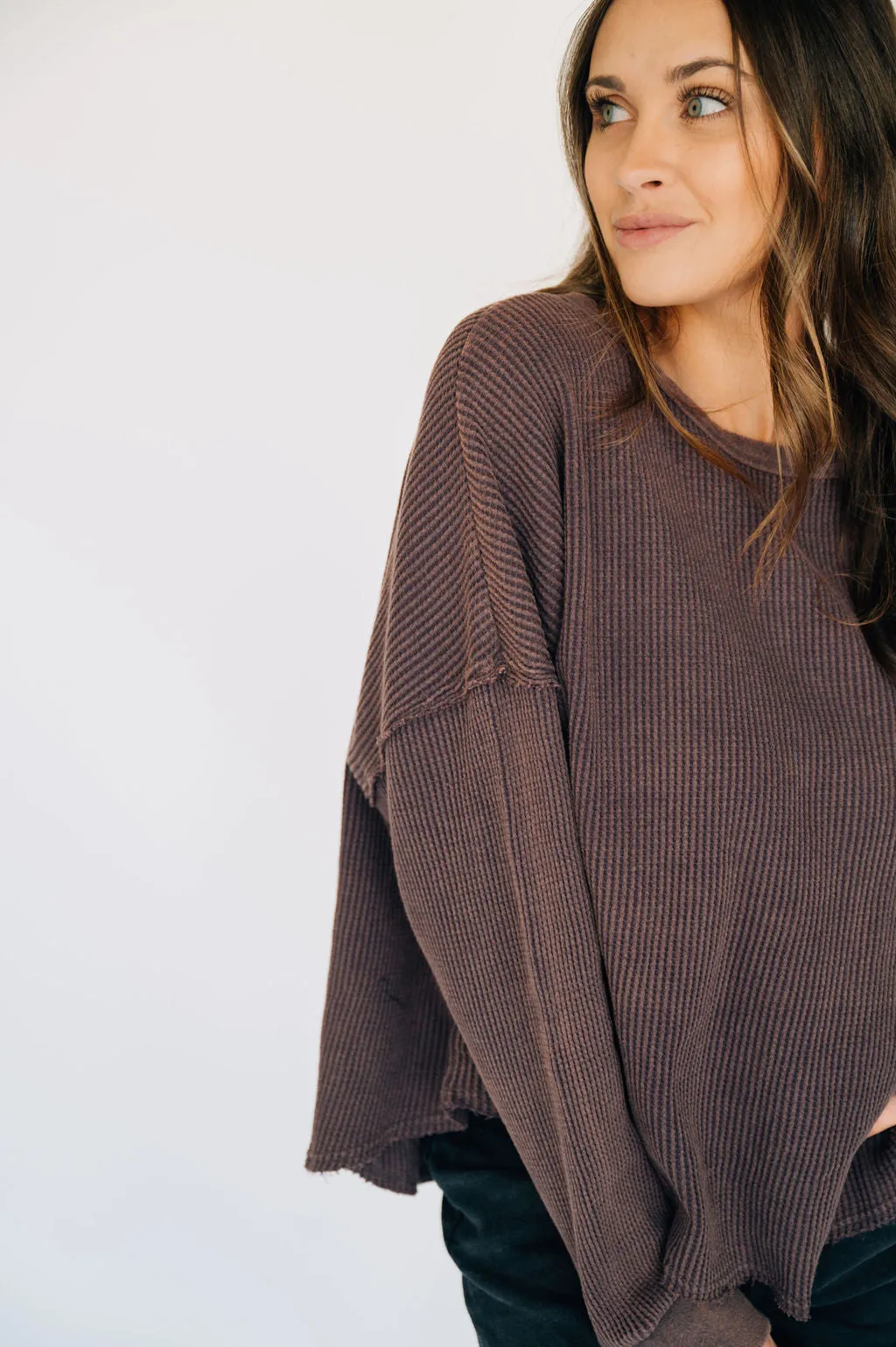 Oversized Waffle Round Hem Long Sleeve - Plum