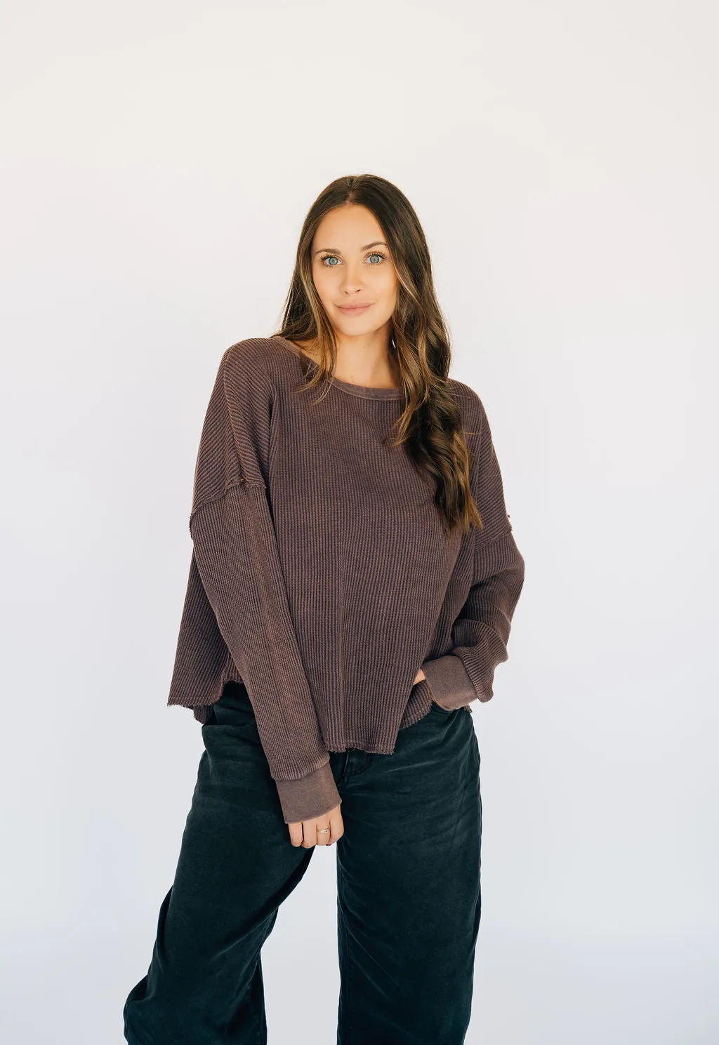 Oversized Waffle Round Hem Long Sleeve - Plum