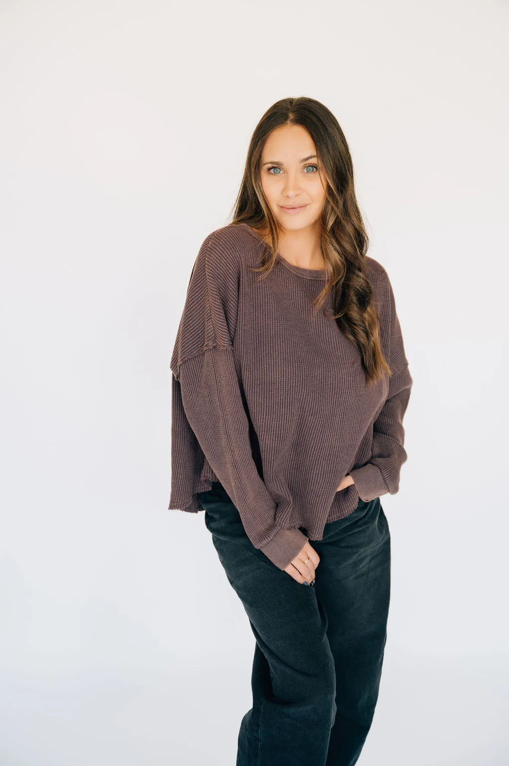 Oversized Waffle Round Hem Long Sleeve - Plum