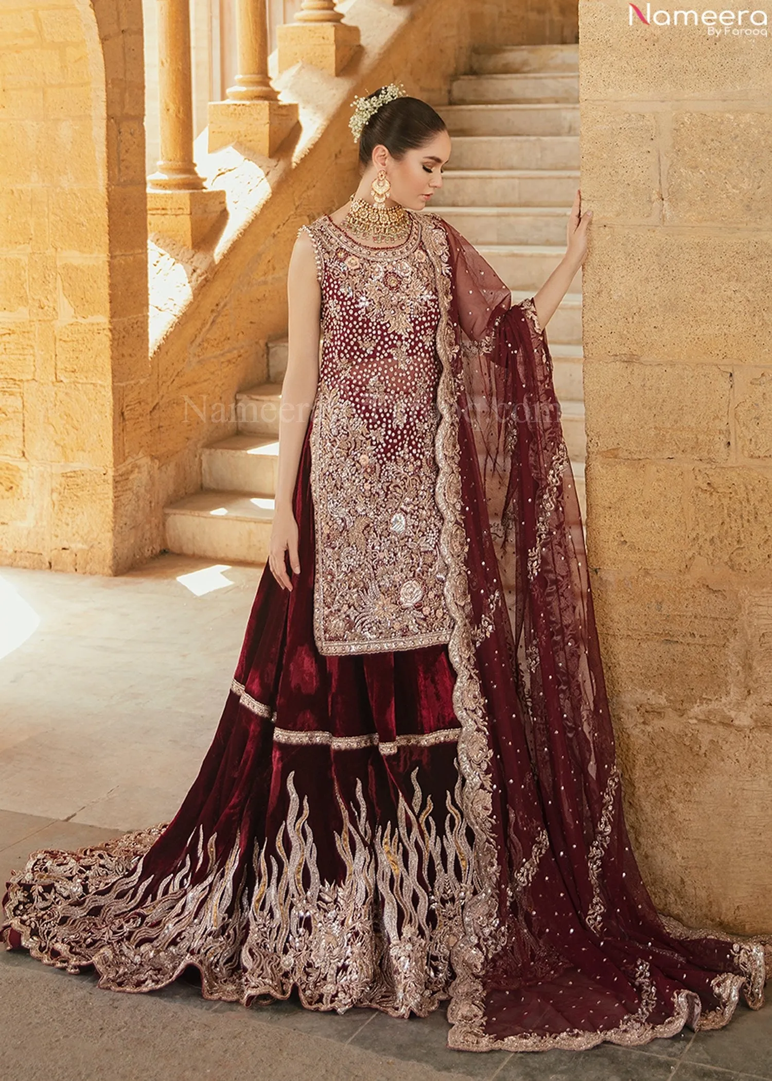 Pakistani Embellished Velvet Bridal Lehenga Shirt #BN961