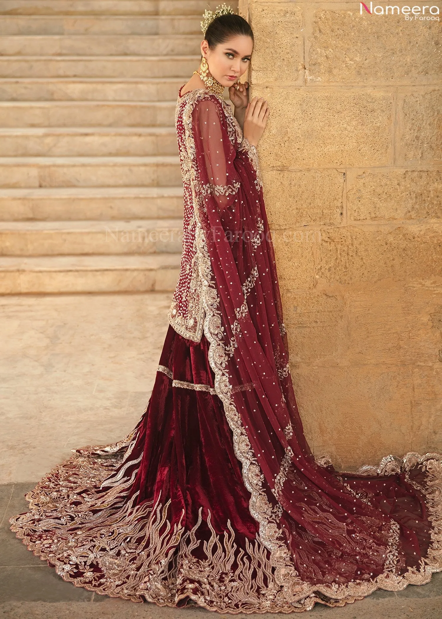 Pakistani Embellished Velvet Bridal Lehenga Shirt #BN961