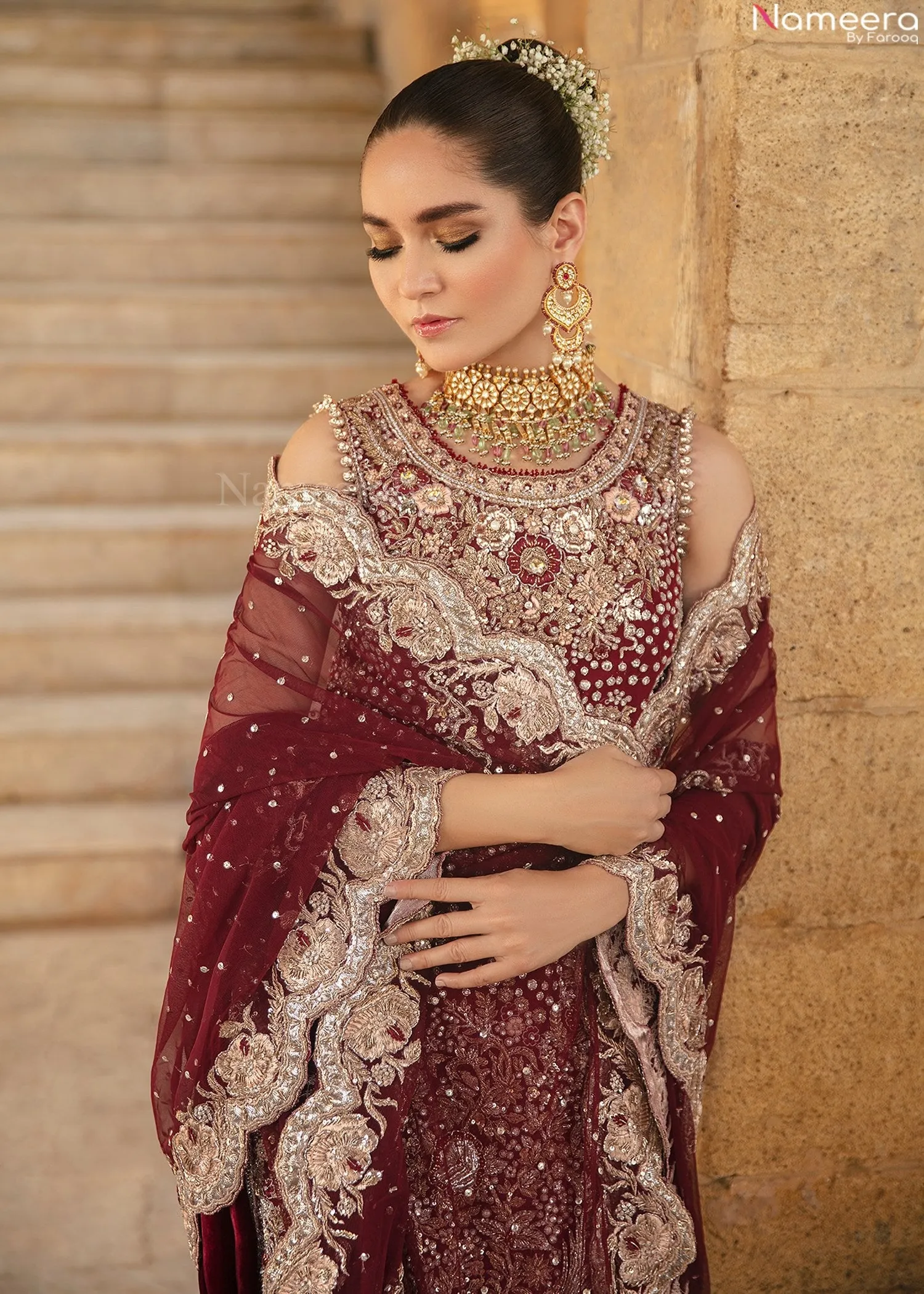 Pakistani Embellished Velvet Bridal Lehenga Shirt #BN961