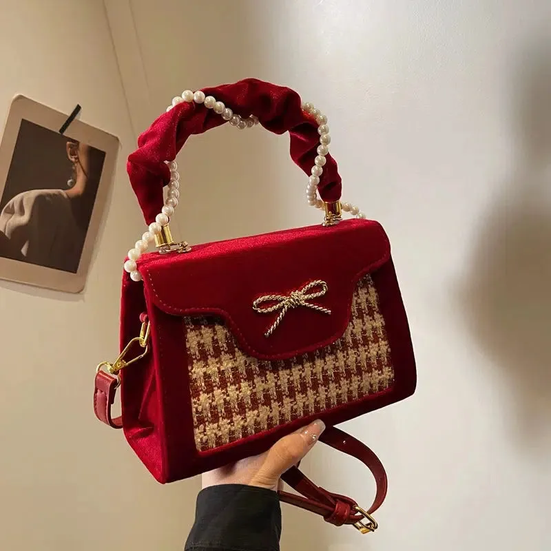 Pearl Handle Bow Plaid Handbag