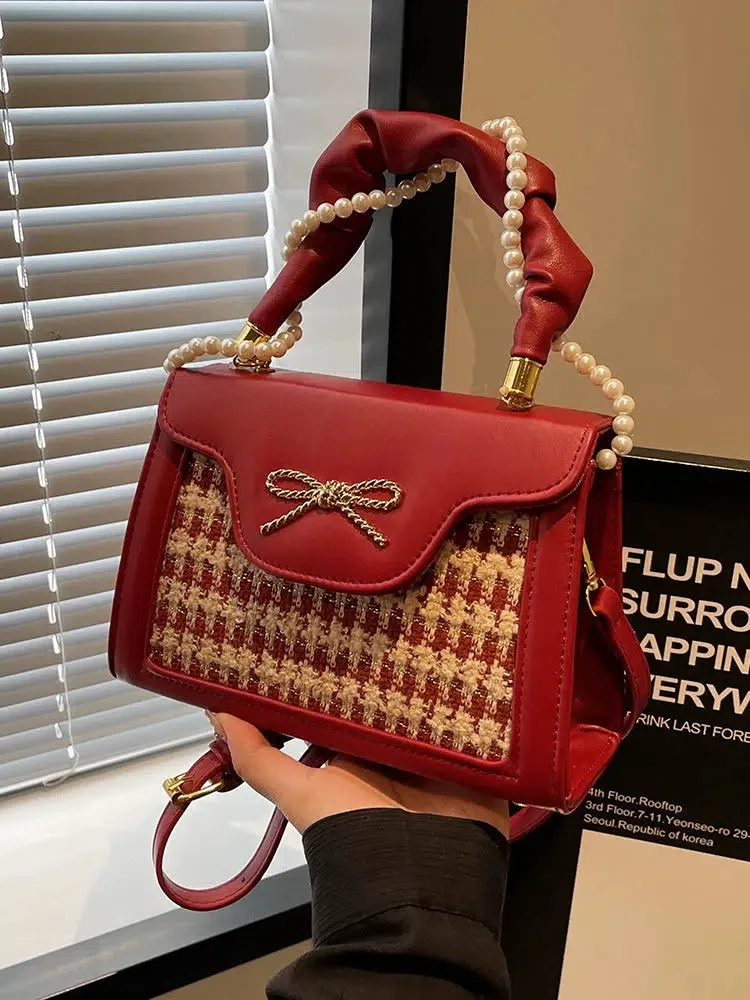 Pearl Handle Bow Plaid Handbag