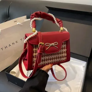 Pearl Handle Bow Plaid Handbag