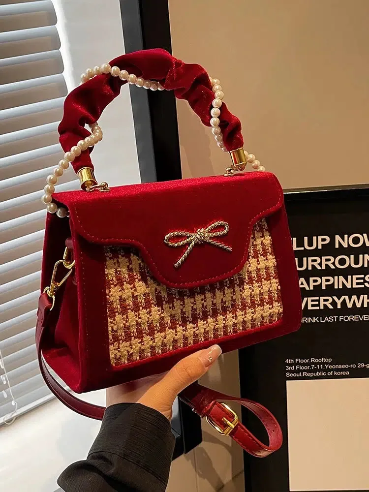 Pearl Handle Bow Plaid Handbag